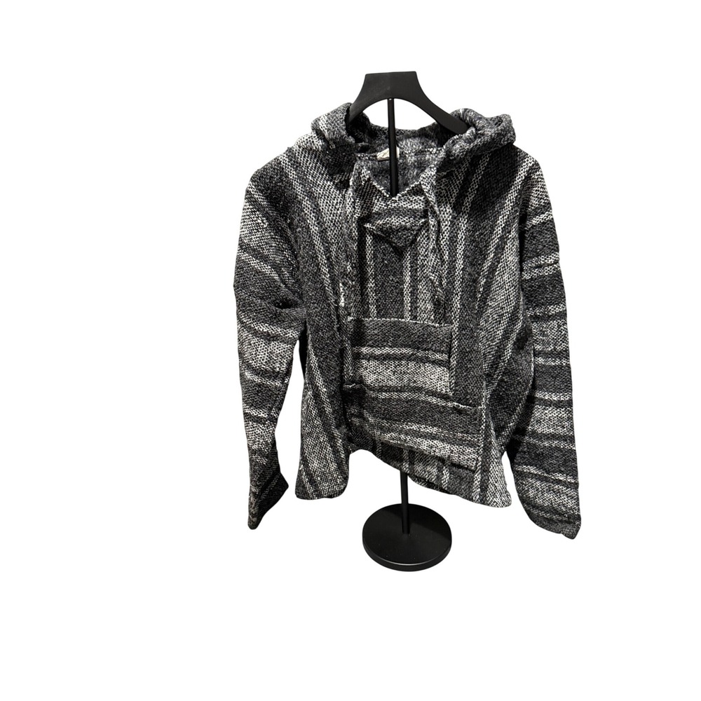 Mexican Baja Hoodie Striped Pullover Jerga Black Grey White Mens Large L